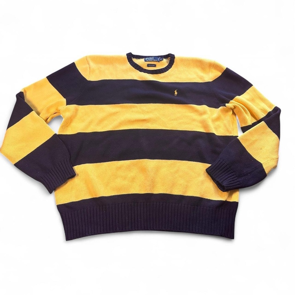 Vintage Polo Ralph Lauren Men’s Navy Yellow Cotton Striped Rugby Sweater XXL